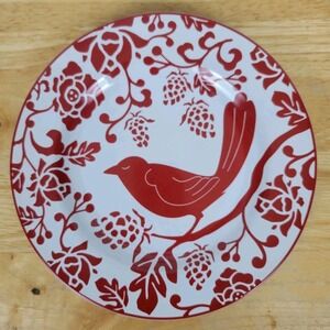 Pier 1 Red Bird Salad Dessert Plate 8" Stoneware Crimson Floral Discontinued